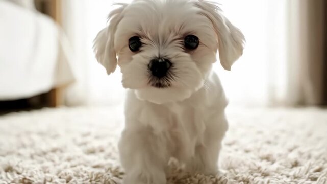 Adorable maltese puppy walking on fluffy white carpet indoors with bright window light