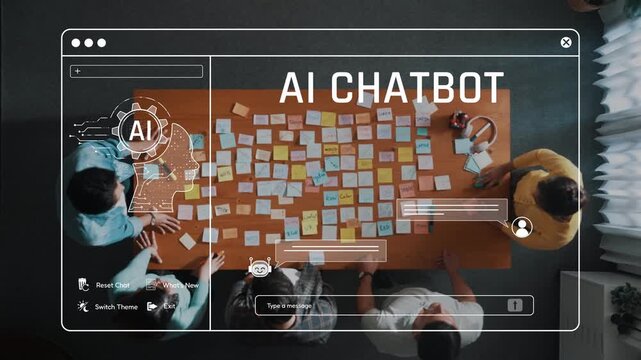 A top-down view of a team engaged in a brainstorming session about AI chatbot development, featuring sticky notes and relevant digital interface elements on a workspace. Raster