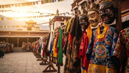 Fototapeta premium Tibetan monk masks and traditional robes displayed outdoors at a temple in front of prayer flags.