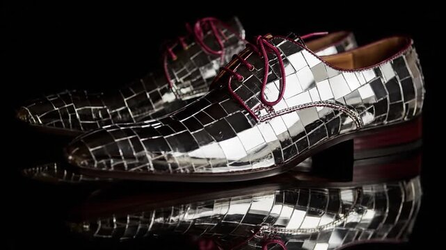 A pair of reflective shoes, covered in silver mirrored tiles, with fuchsia laces and a black backdrop