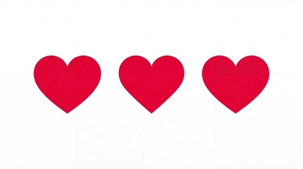 Three red hearts in simple minimalist design with bright red color on white background for valentines day