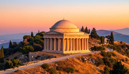 Obraz premium Classical temple at sunrise atop a hill with surrounding trees and mountains