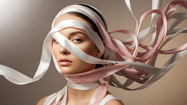 Fashion Art Portrait of Young Woman with Head and Face Wrapped in Flowing White and Pink Ribbons