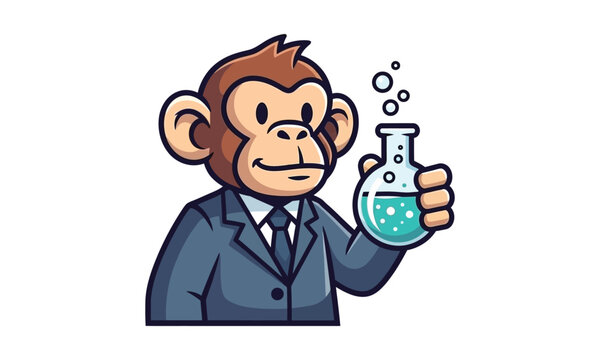 Monkey scientist character holding laboratory flask wearing business