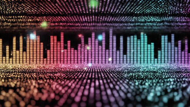 Abstract digital audio visualizer with colorful equalizer bars and particle field