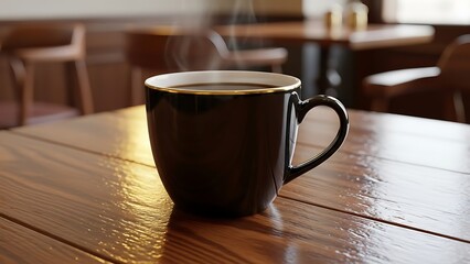 Steaming Hot Coffee Mug on a Rustic Wooden Table in a Cozy Cafe Setting.