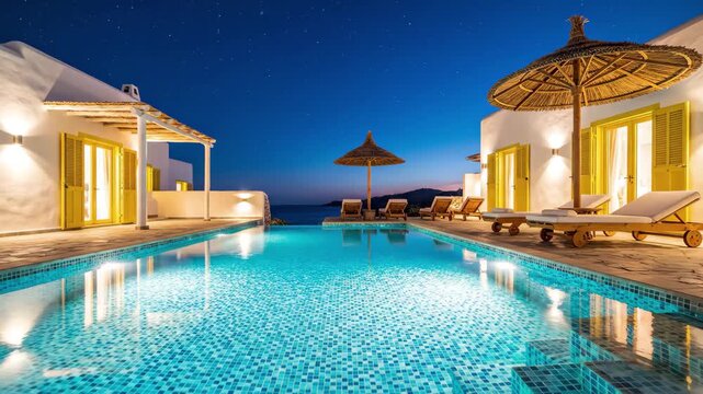 Luxury infinity pool at a white villa overlooking the sea at night with starry sky