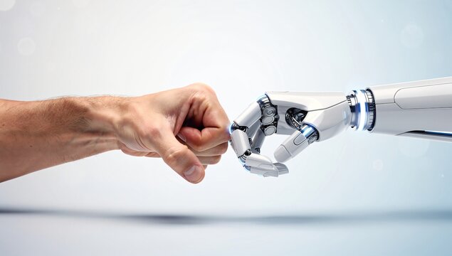 Human and Robot Fist Bump on Bright Background Representing Artificial Intelligence Collaboration, Trust, Innovation, and the Future of Human&ndash;Machine Partnership