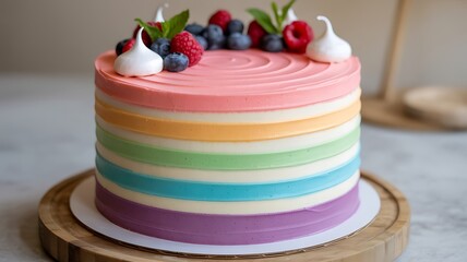 A professional photograph of a layered cake with colorful frosting and mixed berries on top, displayed on a wooden board