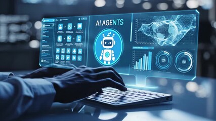 Businessman interacting with futuristic ai agents dashboard interface on a transparent screen - Powered by Adobe