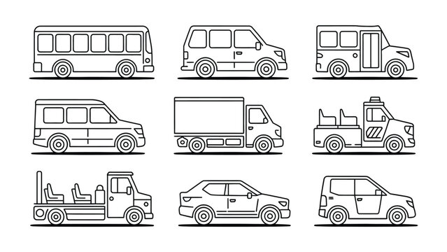 Vehicular Variety: A collection of various vehicle illustrations, showcasing diverse transportation types in sleek, minimalist linework. 