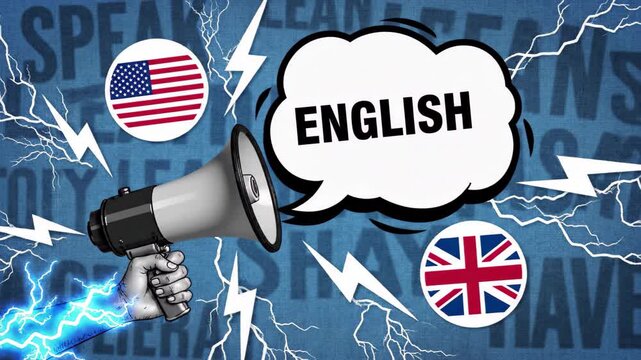 Megaphone announcing english language with us and uk flags and electric effects