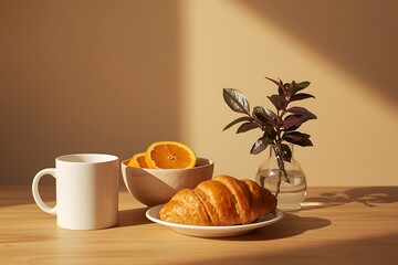 Generative AI Warm Morning Breakfast Scene with Croissants and Orange