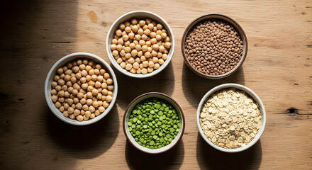 Bowls of Various Types of Pulses and Grains.