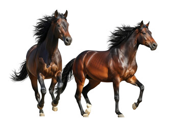 Fototapeta premium Two majestic brown horses running together in perfect harmony, showcasing their strength and agility, isolated on transparent background