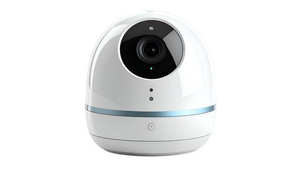 Sleek white security camera with a spherical design, glossy finish, and dark camera lens