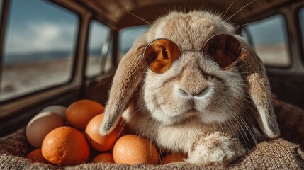 Fototapeta premium A cool bunny in a vintage car, carrying Easter eggs. Easter, Pascha, Paskha, Ostern, Pascua, Paques – celebrating Orthodox and Catholic holidays