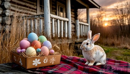 Easter eggs and a rabbit in front of a wooden house