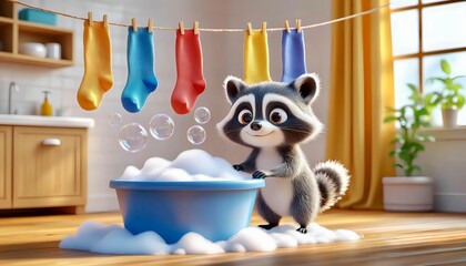 a cartoon raccoon washes socks