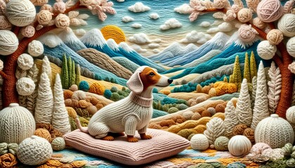knitted painting of a landscape and a dog