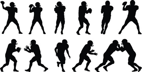 Black American football player silhouette collection showing throwing, running and tackling actions isolated on white background vector illustration set © Nayan Stock