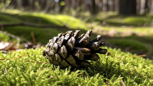 A close-up, low-angle perspective reveals a beautifully textured pinecone settled amongst a lush carpet of vibrant green moss on the forest floor. Soft, dappled sunlight filters through the canopy, il
