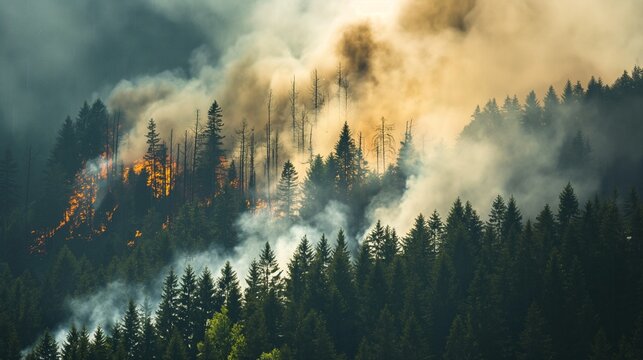 A wildfire spreads rapidly across a wooded hillside, engulfing trees in flames. Smoke billows into the sky, creating a thick haze that obscures the landscape. The fires orange and yellow glow contrast