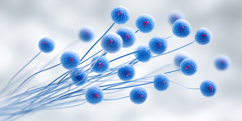 Biotechnology cell cluster with filament connections and glowing nuclei conveying innovation