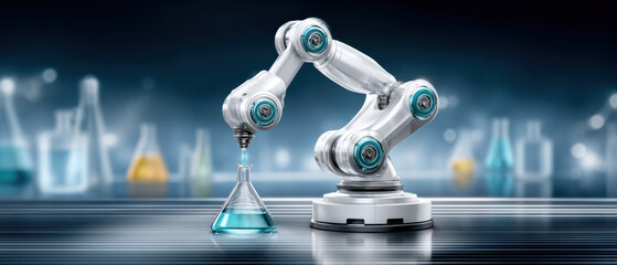 Biotechnology robotic arm handling laboratory glassware with liquid and precise automation