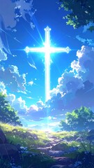 A glowing cross shines brightly in a serene natural landscape