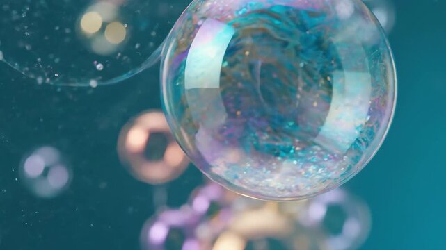 Closeup of a shimmering, iridescent soap bubble filled with glitter against a deep teal, blurred background