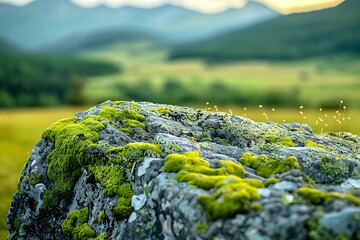 Mossy rock in a mountainous landscape
