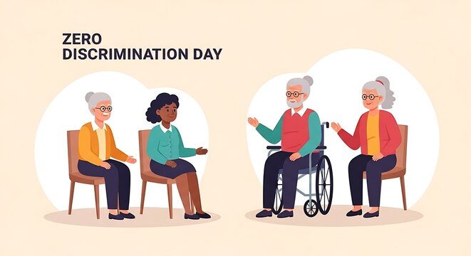 Illustration for Zero Discrimination Day featuring a diverse group of elderly people, including a man in a wheelchair, promoting inclusivity, equality, and human rights. - Powered by Adobe