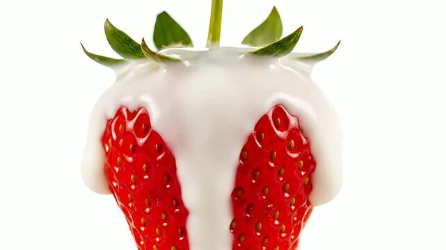 Vibrant, ripe strawberry generously topped with thick, creamy white yogurt or sweet cream glaze for a delicious, refreshing, and healthy dessert concept.