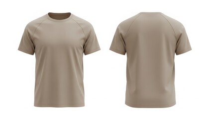 A minimalist studio product render of a beige/taupe short-sleeve crew-neck t-shirt, shown from both front and back views side by side. The t-shirt has a modern athletic cut with raglan sleeves,