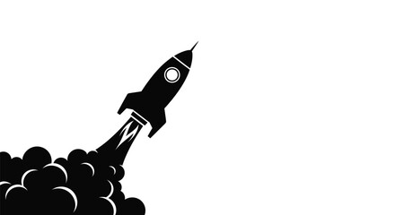 A black rocket ship taking off with flames and smoke isolated on white © Md Shifat