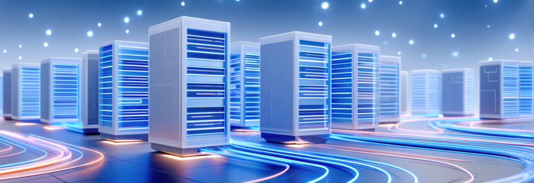 Biotechnology data center with glowing server racks and flowing network light conveying