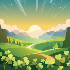 Obraz premium St. Patrick’s Day Clover Sunrise Landscape Illustration – Golden Irish Hills Vector Design