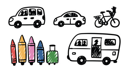 Naklejka premium Creative Transport Doodle: A playful collection of hand-drawn vehicles and travel essentials, showcasing a whimsical view of transportation and journey.