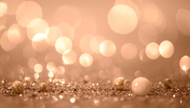 Sparkling amber surface with diffused bokeh lights, and scattered small pearls