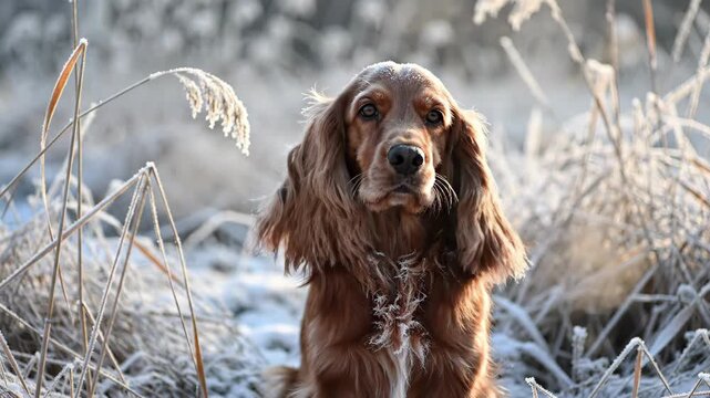 Portrait of a cocker spaniel dog in frosty winter grasses
