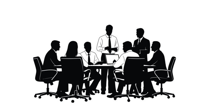 A business meeting in progress with several people around a table