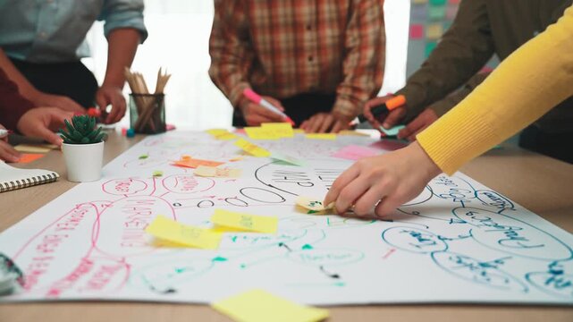 A diverse group of individuals is engaged in a productive brainstorming session, exchanging ideas and writing on a large paper with colorful sticky notes around them. SACTR