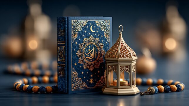 Elegant Islamic book with lantern and prayer beads on table