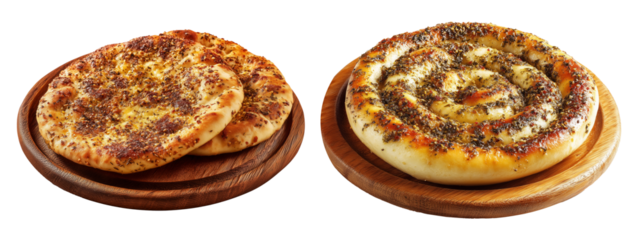 Manakish flatbreads bread slices topped with za'atar, cheese and sesame seeds, isolated on white transparent background