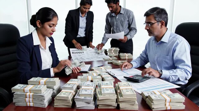 Business team counting large stacks of us dollar bills during a budget meeting