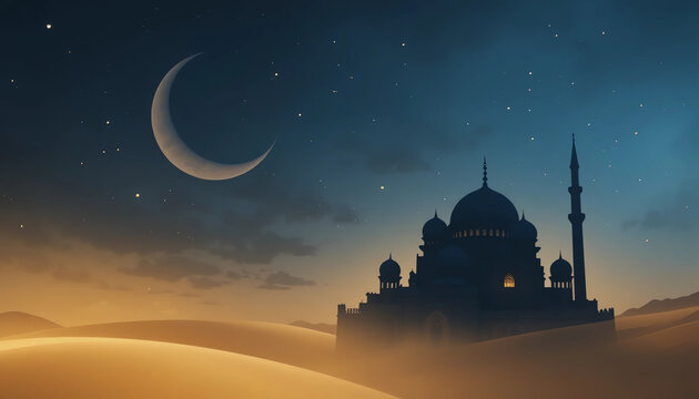 Minimal mosque silhouette against dark blue and gold gradient background, soft 