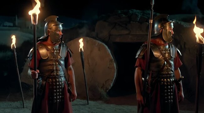 Roman legionaries guarding the holy tomb entrance with burning torches at night