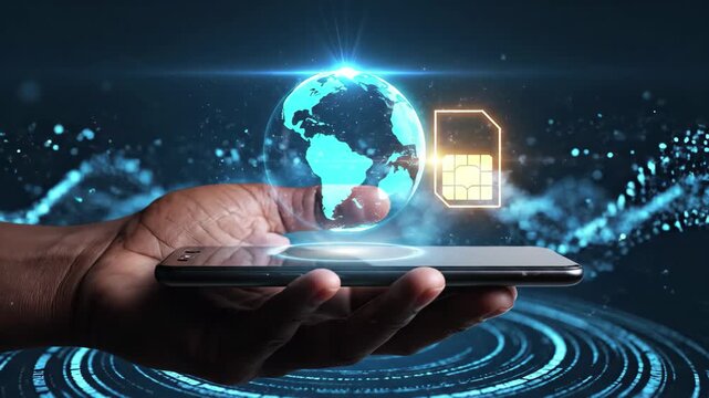 Global connectivity and mobile technology concept with hand holding smartphone and holographic globe and sim card