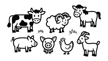 Farm Animals in Playful Style: A delightful collection of cartoon farm animals, each rendered with a simple, playful style, brings a touch of whimsy and joy.
